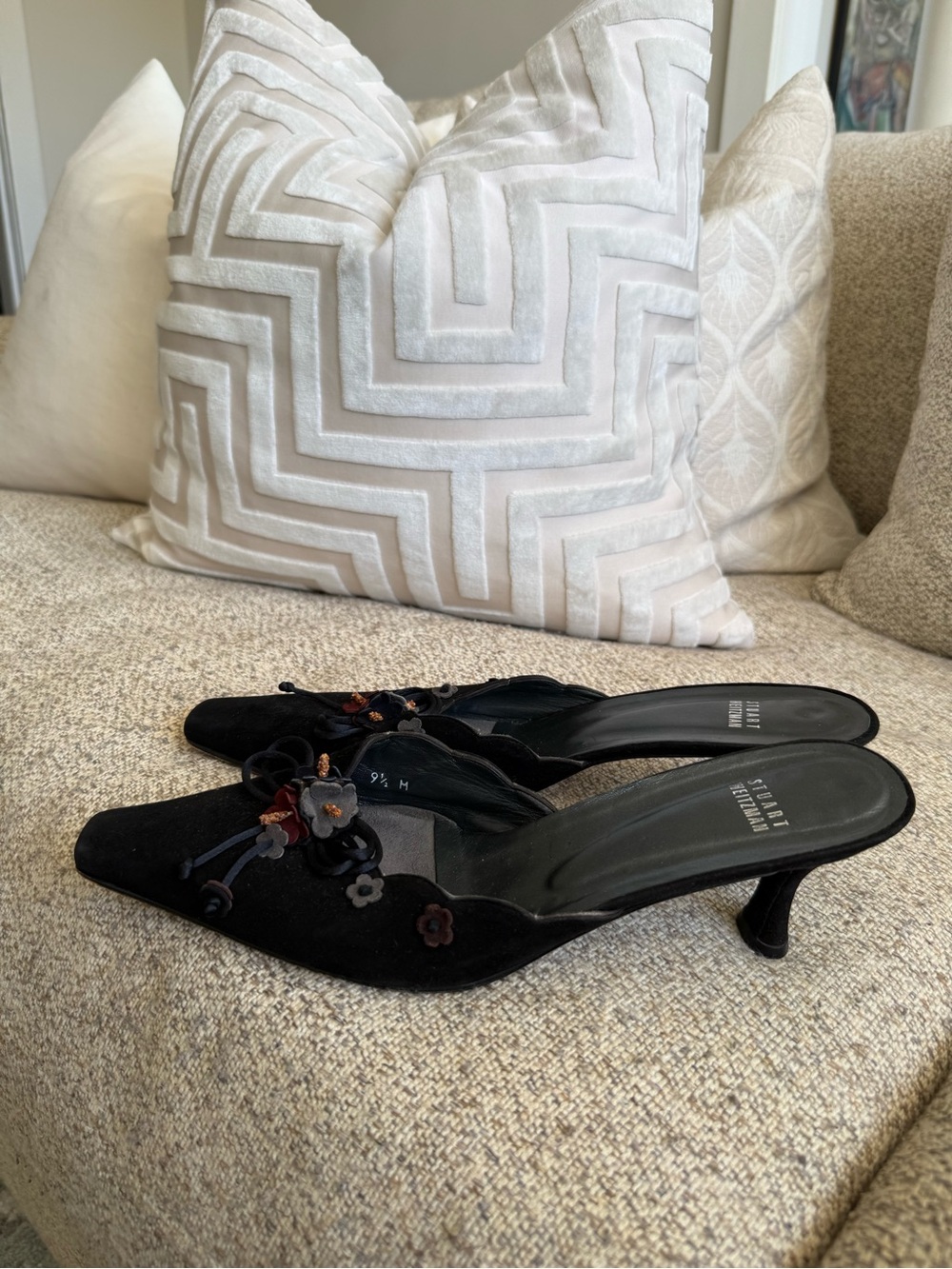 Stuart Weitzman Black Suede Floral Appliqué Kitten Heel Mules